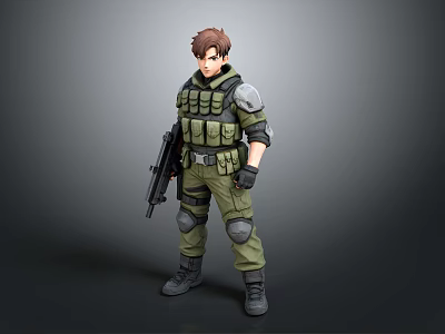 Military Soldier 3D Model With Tactical Vest Knee Pads And Rifle 3d model