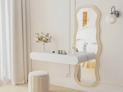 Modern Dressing Table with Scalloped Mirror Round Stool and Small Items in Bright Interior 3d model