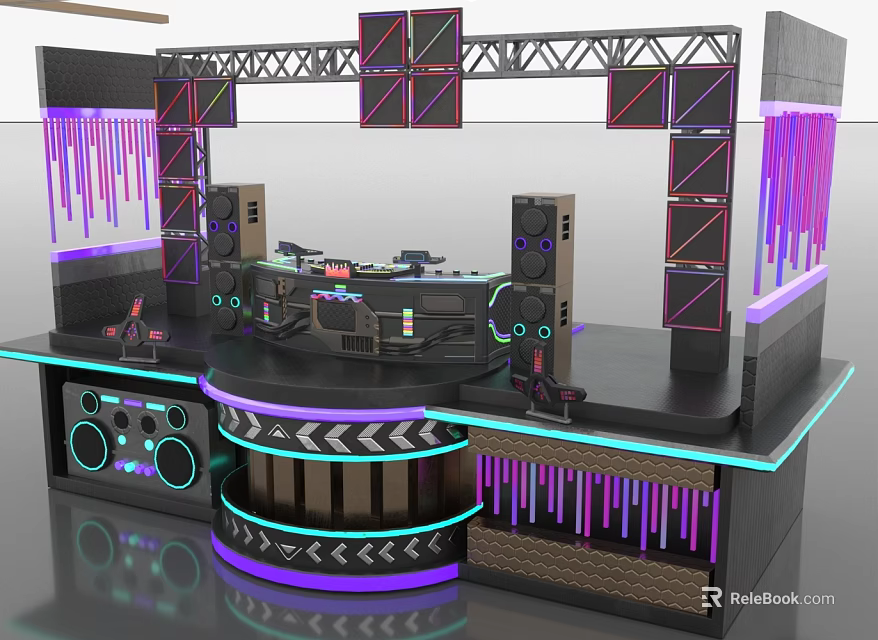 DJ Console Furniture With Modern Black Frame Circular Countertop And Neon Light Strips 3d model 