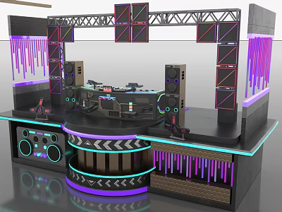DJ Console Furniture With Modern Black Frame Circular Countertop And Neon Light Strips 3d model