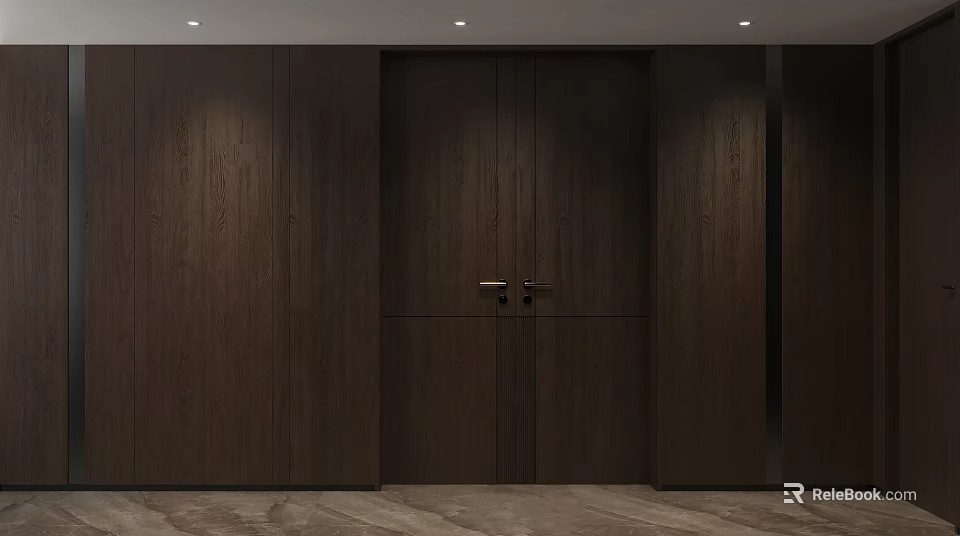Modern Entryway Hallway Design with Dark Wood Doors Wooden Walls and Recessed Ceiling Lights 3d model 