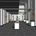 Spacious Art Gallery Interior Featuring Displayed Paintings White Stands And Dark Flooring