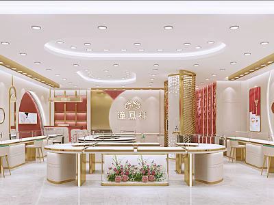 Elegant Modern Luxurious Jewelry Store Interior With Bright Lighting Gold Counters And Floral Decorations 3d model