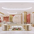 Elegant Modern Luxurious Jewelry Store Interior With Bright Lighting Gold Counters And Floral Decorations