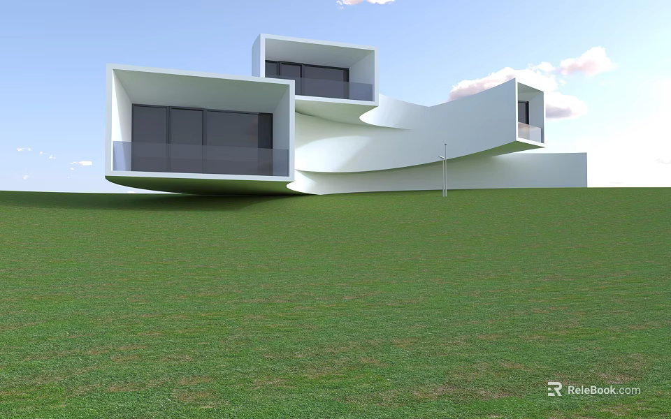 Modern White Building With Irregular Design On Green Grass And Blue Sky 3d model 