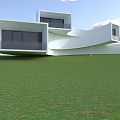 Modern White Building With Irregular Design On Green Grass And Blue Sky