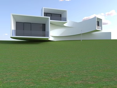Modern White Building With Irregular Design On Green Grass And Blue Sky 3d model