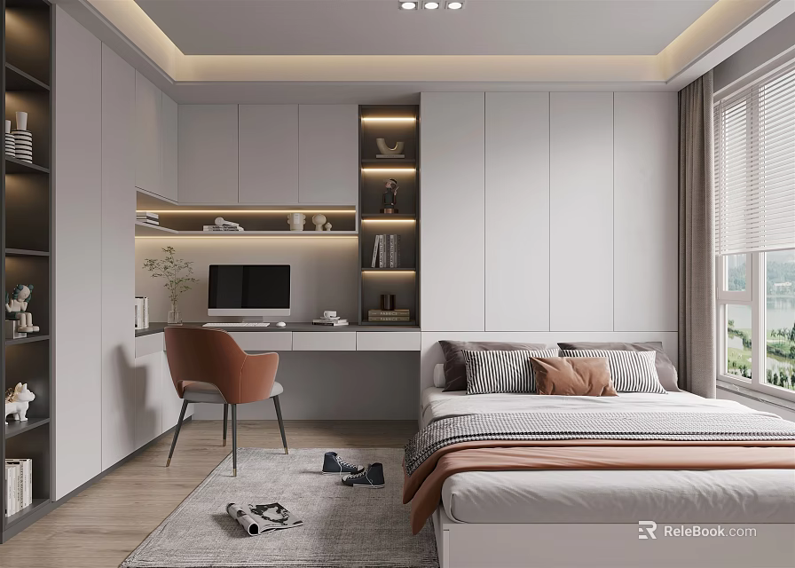 Modern Tatami Bedroom Interior Design With Cozy Bed Writing Desk And Soft Lighting 3d model 