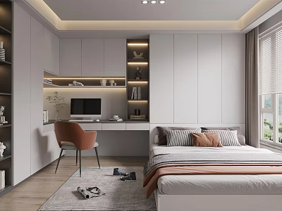 Modern Tatami Bedroom Interior Design With Cozy Bed Writing Desk And Soft Lighting 3d model