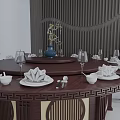 Modern Elegant Dining Table Set With Round Table Chairs Tableware Vase And Vertical Striped Wall 3d model