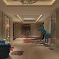 Luxury Modern Store Front Desk With Chandelier Patterned Carpet And Blue Armchairs