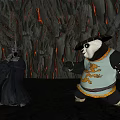 Game Movie Characters Wizard With Sword And Panda Warrior In Lava Rock Background