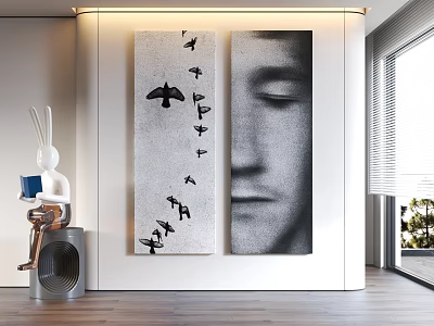 Modern Interior With Two Vertical Artworks Birds Pattern And Face Portrait White Rabbit Sculpture 3d model