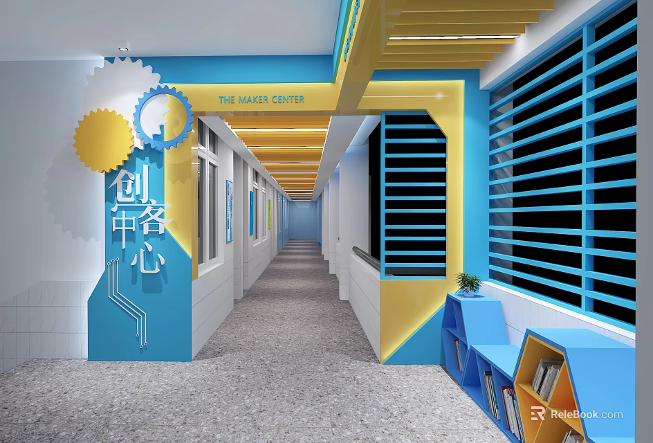 Modern Office Corridor Interior With Blue And Yellow Decor Maker Center Louvered Windows And Bookshelves 3d model 