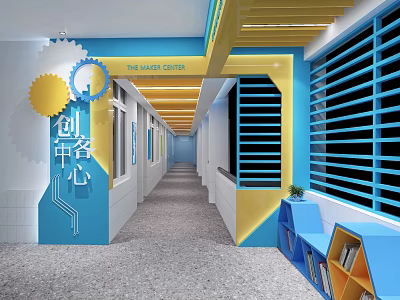 Modern Office Corridor Interior With Blue And Yellow Decor Maker Center Louvered Windows And Bookshelves 3d model