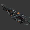 3D Rendered Sci-Fi Weapon With Orange Black Accents Complex Mechanical Structure And Glowing Display Lens