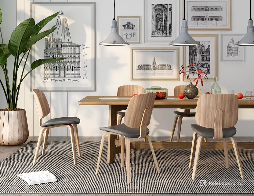 Wooden Dining Table Set With Matching Chairs Decorative Wall Prints Pendant Lights And Green Plant 3d model 