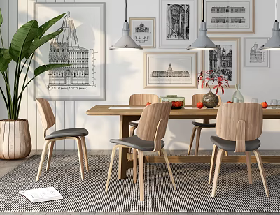 Wooden Dining Table Set With Matching Chairs Decorative Wall Prints Pendant Lights And Green Plant 3d model
