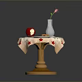 Wooden Dining Chair With Round Table Star Patterned Tablecloth White Vase And Hamburger