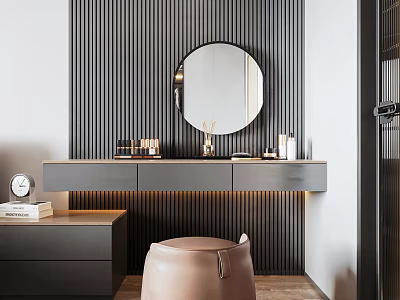 Elegant Modern Dressing Table With Round Mirror Gray Countertop Drawers Decorative Items And Beige Stool 3d model
