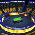 Spacious Competitive Billiard Room With Central Table Circular Seating Yellow Black Seats And Blue Billboards