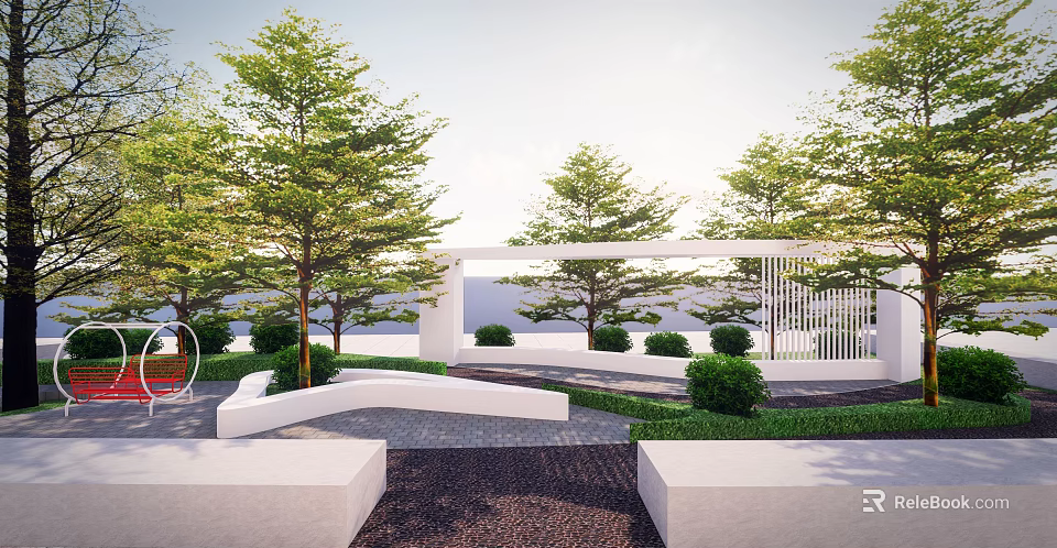 Modern Outdoor Landscape With Open White Architectural Structure Lush Trees And Stone Pathway 3d model