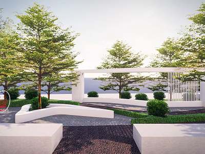 Modern Outdoor Landscape With Open White Architectural Structure Lush Trees And Stone Pathway 3d model