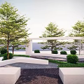 Modern Outdoor Landscape With Open White Architectural Structure Lush Trees And Stone Pathway 3d model
