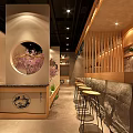 Cozy Japanese Restaurant With Cherry Blossom Trees Wooden Decor And Open Layout