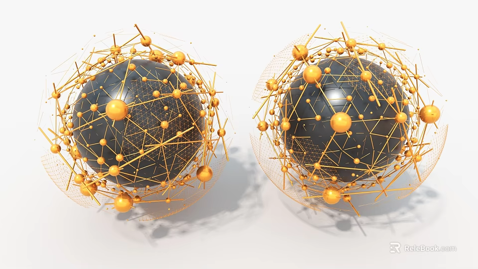 Two Black Spherical Art Installations With Golden Wire Frames And Nodes 3d model