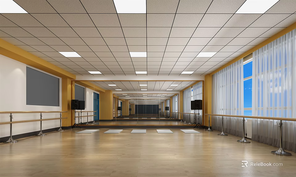 Spacious Fitness Training Studio With Wooden Floor Barres Large Screen And Natural Light 3d model 