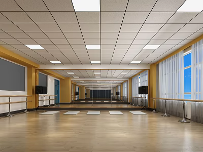 Spacious Fitness Training Studio With Wooden Floor Barres Large Screen And Natural Light 3d model