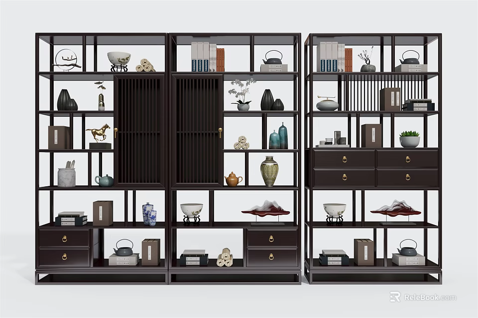 Traditional Chinese Wooden Curio Shelf With Multiple Compartments And Decorative Vases Tea Sets Ornaments 3d model 