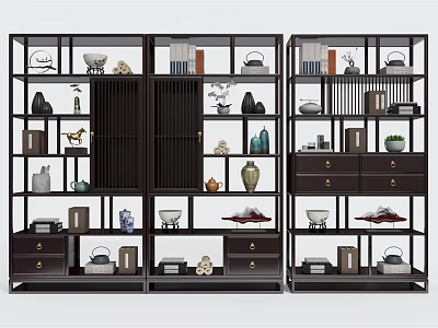Traditional Chinese Wooden Curio Shelf With Multiple Compartments And Decorative Vases Tea Sets Ornaments 3d model