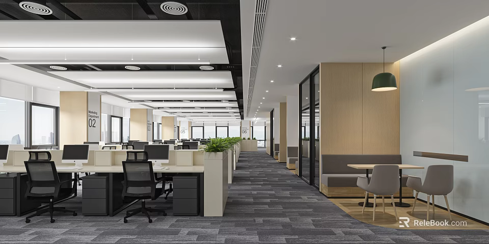 Modern Open Public Office Area With Desks Computers Green Plants Gray Carpet And Pendant Lights 3d model 