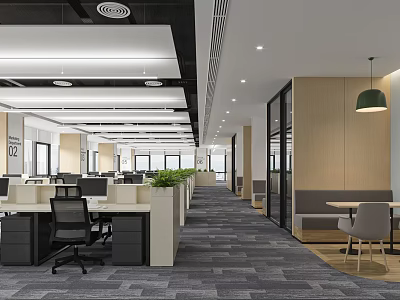 Modern Open Public Office Area With Desks Computers Green Plants Gray Carpet And Pendant Lights 3d model