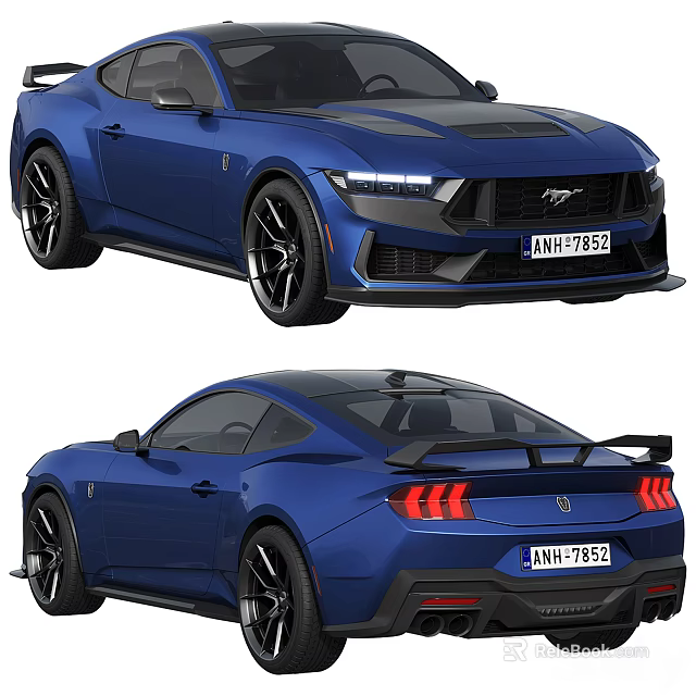 Blue Ford Mustang Sports Car With Black Wheels Front And Rear View Design 3d model 