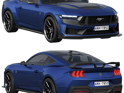 Blue Ford Mustang Sports Car With Black Wheels Front And Rear View Design 3d model