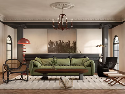 Elegant Living Room Interior With Green Sofa Chandelier Red Floor Lamp And Geometric Rug 3d model