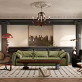 Elegant Living Room Interior With Green Sofa Chandelier Red Floor Lamp And Geometric Rug