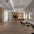 Hotel Public Lounge Area With Wooden Long Table Brown Chairs Pendant Lights And Scenic Windows