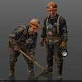 Two Miners Wearing Orange Hard Hats and Mud Covered Uniforms with Pickaxe and Miner's Lamp