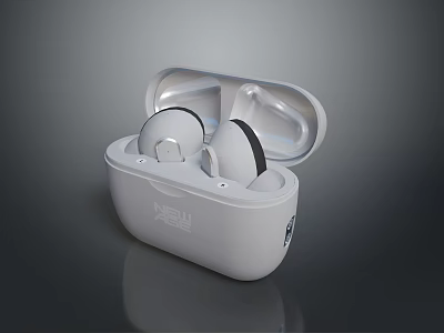 White Wireless Earbuds Charging Case with Open Lid and Earphones Inside Featuring Brand Logo 3d model