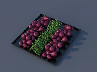 Fresh Purple Onions and Green Vegetables Placed on Black Serving Tray 3d model