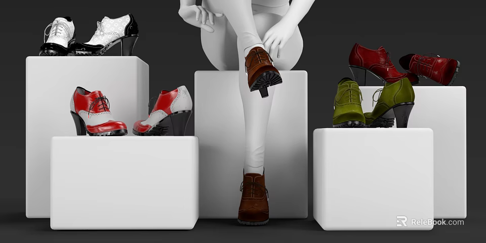 Fashionable Brown Shoes On Mannequin With Red Green Black White Shoes On White Display Pedestals 3d model 