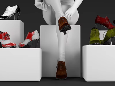 Fashionable Brown Shoes On Mannequin With Red Green Black White Shoes On White Display Pedestals 3d model