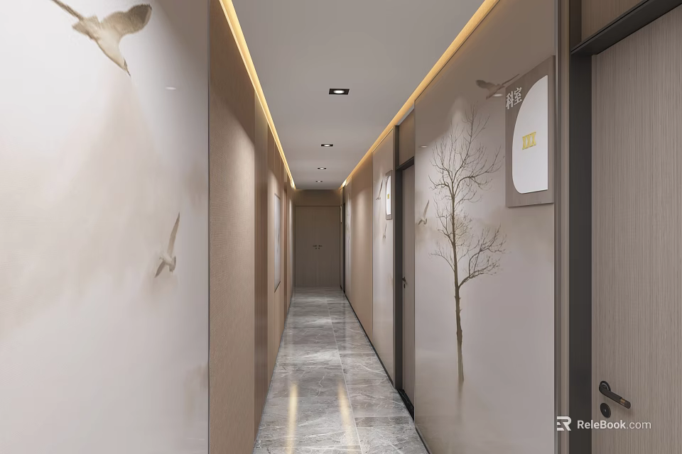 Modern Elevator Hallway Design With Marble Floor Wall Decor And Recessed Lighting 3d model 