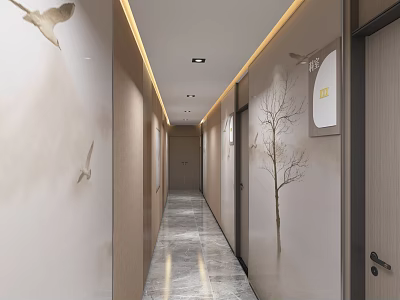 Modern Elevator Hallway Design With Marble Floor Wall Decor And Recessed Lighting 3d model