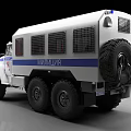 White Police Off Road Truck With Blue Stripes Six Wheel Drive And Roof Emergency Lights