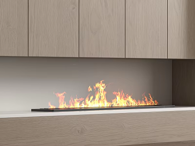 Modern Fireplace With Flames And Wooden Cabinets 3d model